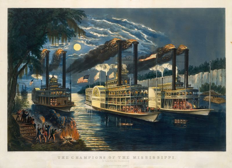 Lithograph by Frances Flora Bond Palmer depicting a river race with horses.