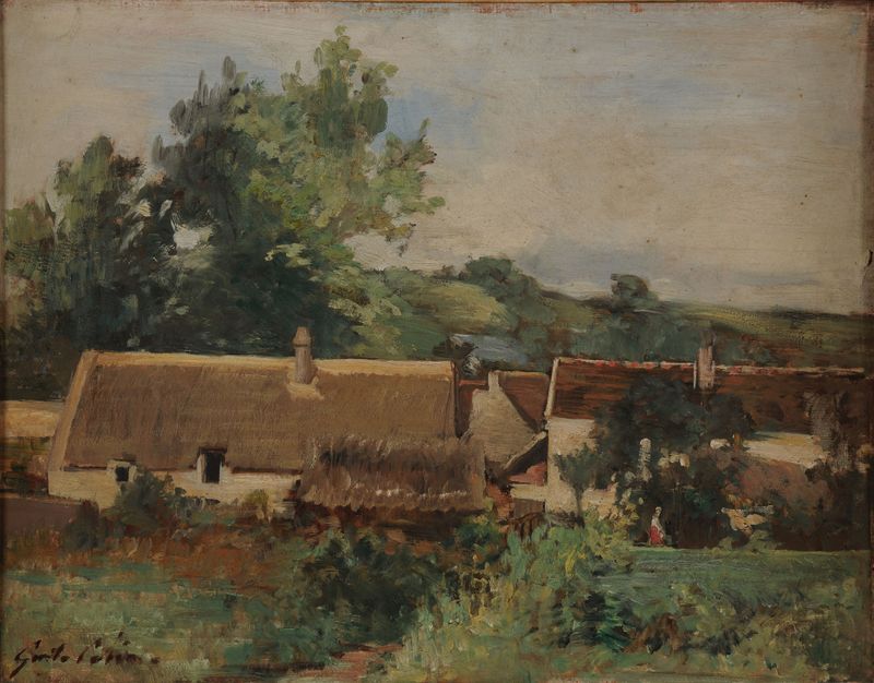 Landscape depicting a village with rolling hills and a pastel sky, oil painting by Gustave Henri Colin