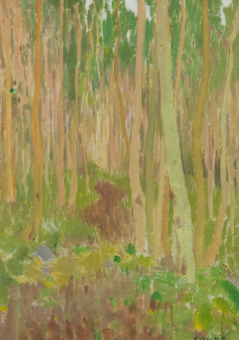 Aspen Symphony by Eanger Irving Couse, oil painting depicting sunlight filtering through aspen trees.