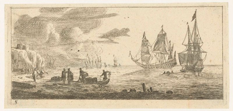 Cena do porto com dois barcos à vela, gravura de Reinier Nooms