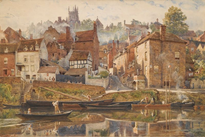 Landscape by Edward John Poynter, depicting a river at sunset, Impressionism