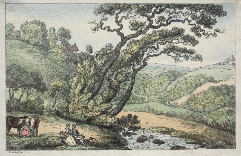 A Cornish View, oil painting by Thomas Rowlandson, depicting hills and coastal sky.