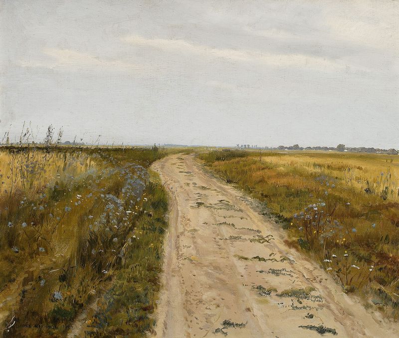 Field Track de Jozef Chelmonski, pintura a óleo que retrata uma paisagem vibrante com tons de verde e ouro.