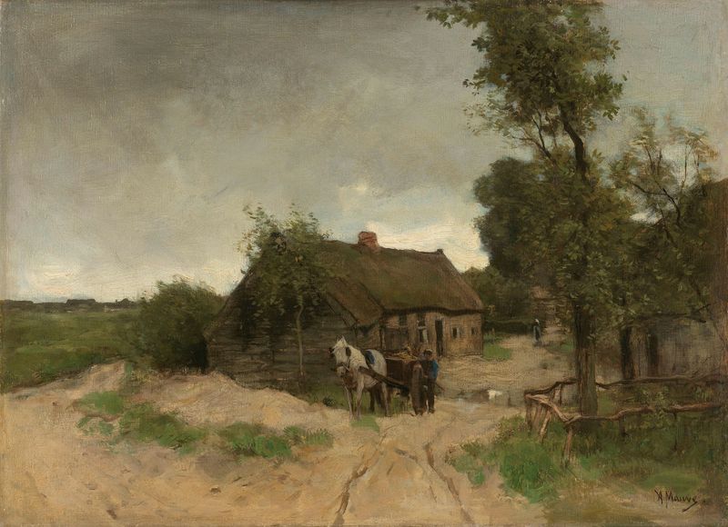 Paisagem com uma cabana e um caminho de terra, pintura a óleo de Anton Mauve