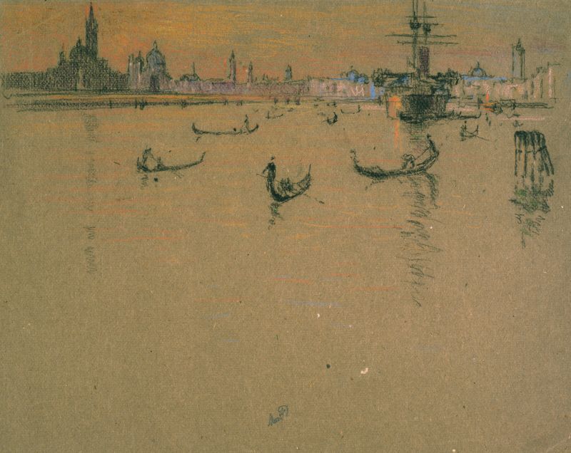 Lagoon, Venice de Joseph Pennell, tinta sobre papel, reflejos de edificios en el agua