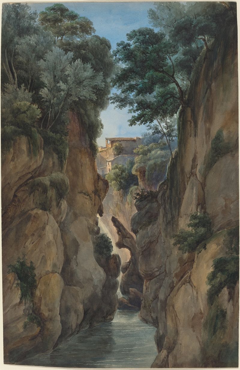 View of a waterfall through a ravine, oil on canvas by Achille Etna Michallon