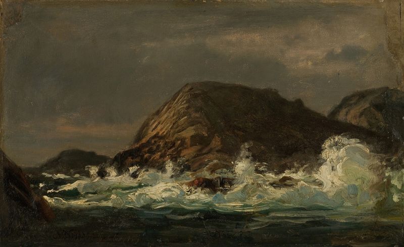 Paisagem com nuvens tempestuosas e águas brilhantes, pintura a óleo de Amaldus Nielsen