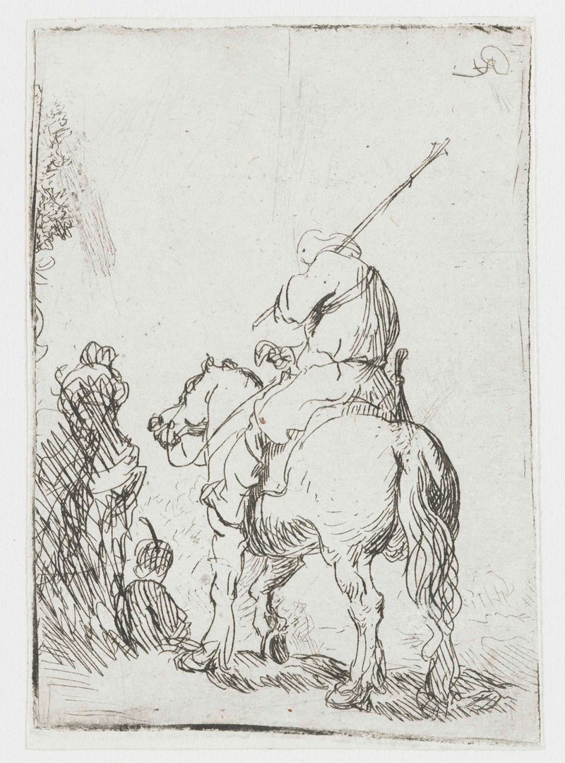 Turbaned Soldier on Horseback, gravura de Rembrandt van Rijn mostrando um soldado a cavalo em uma cena caótica de cavalaria.