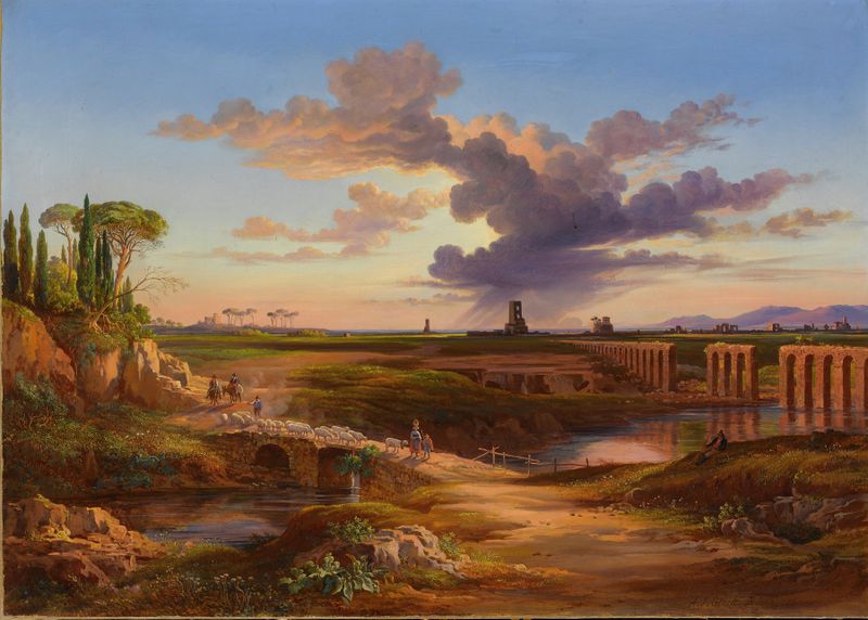 Paisaje con ruinas antiguas y luz solar, óleo sobre lienzo de Arthur John Strutt