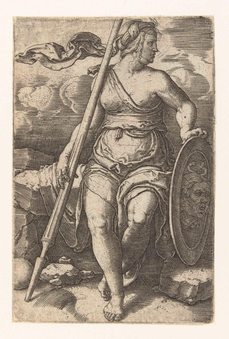 Gravura de Pallas Athene por Lucas van Leyden, mostrando uma figura forte em armadura intrincada.