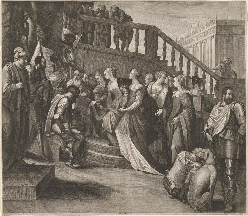 Grabado de Esther voor Ahasveros de Wenceslaus Hollar que representa a Esther en un vestido con luz y sombra