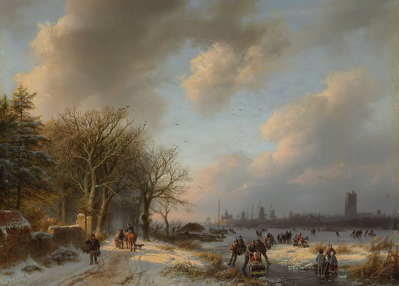 Skaters on a waterway in winter, oil on canvas by Barend Cornelis Koekkoek
