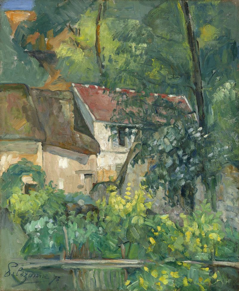 Casa de Père Lacroix de Paul Cézanne, pintura al óleo que representa un paisaje rural con una casa y árboles.