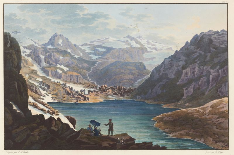 Oil painting by Johann Ludwig Bleuler depicting a serene lake and mountains.