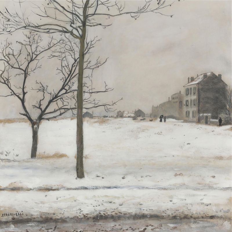 Montmartre Under Snow, óleo sobre lienzo de Jean François Raffaëlli, que representa una escena de pueblo nevado.