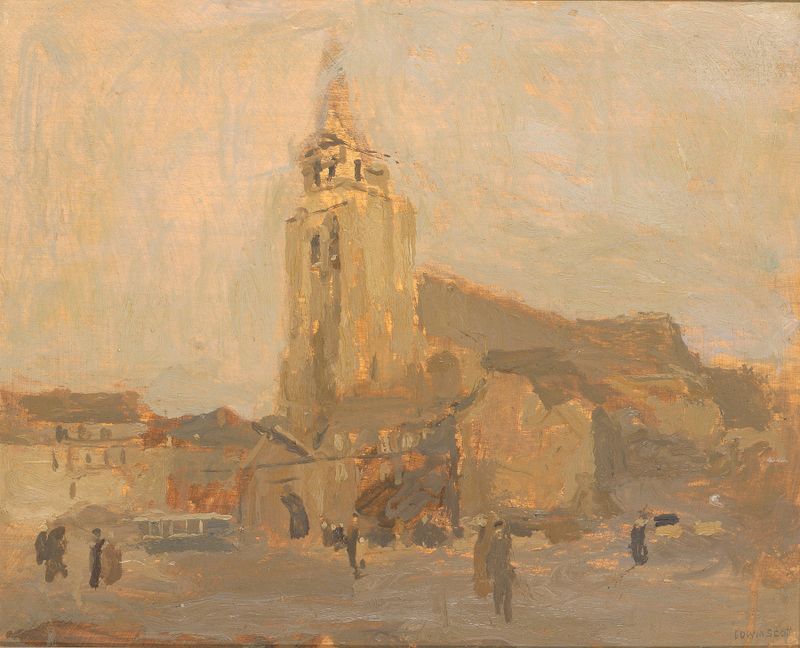 Eglise Saint Merry de Frank Edwin Scott, óleo sobre lienzo que muestra vidrieras y luz en el interior de una iglesia.