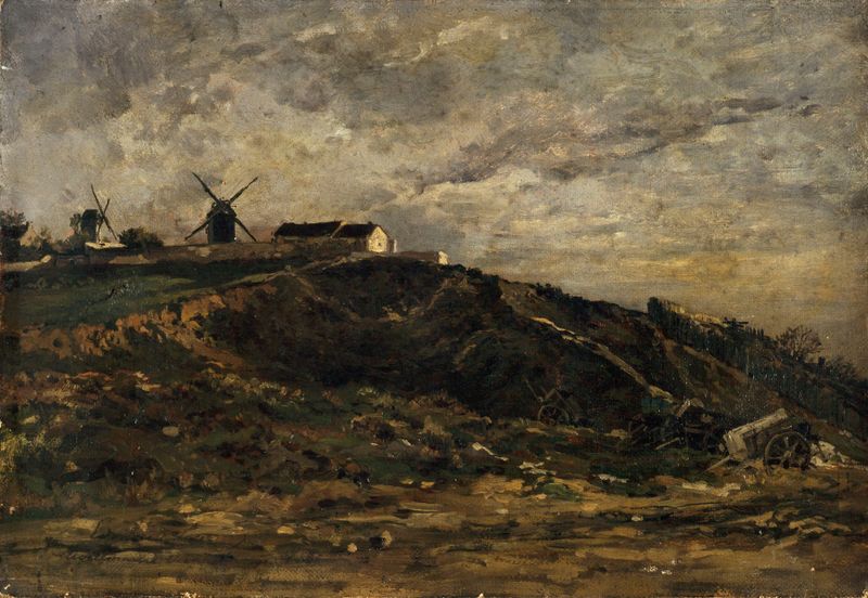 Les moulins de Montmartre by Edmond Charles Joseph Yon, oil on canvas depicting windmills and rolling hills.