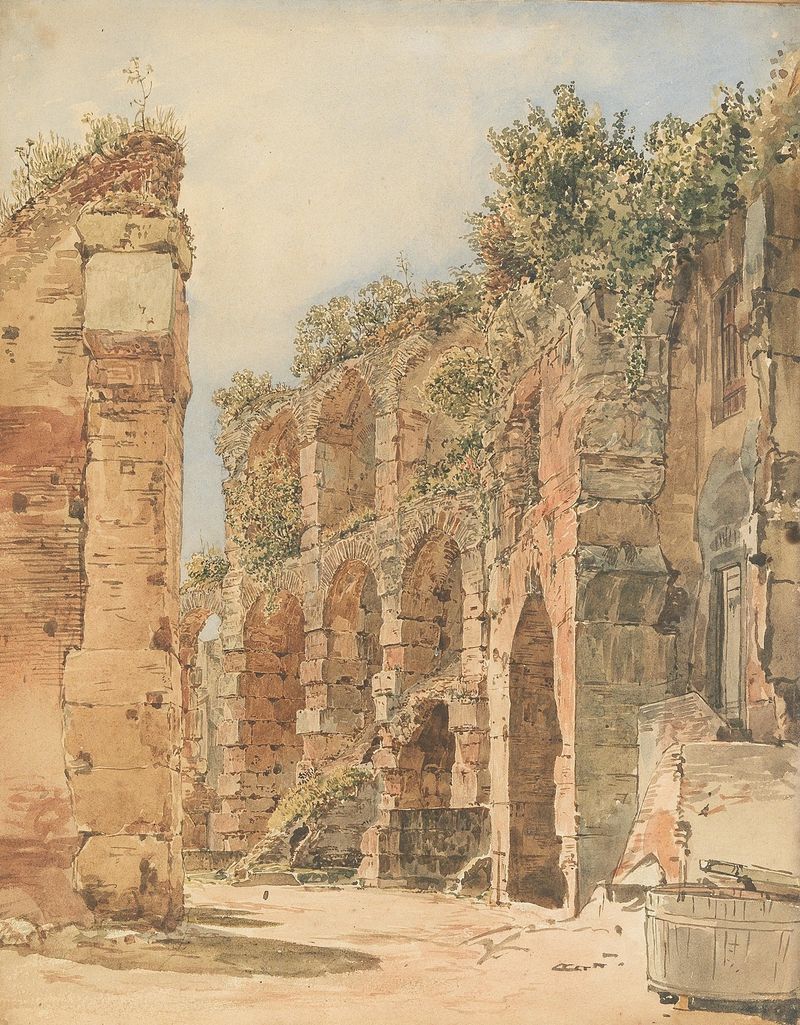 Castle ruins against the horizon, oil painting by Rudolf von Alt