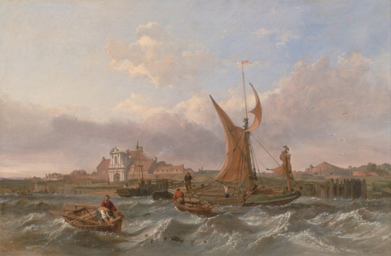 Tilbury Fort–Wind Against the Tide, oil painting by Clarkson Stanfield depicting stormy sky over tranquil waters.