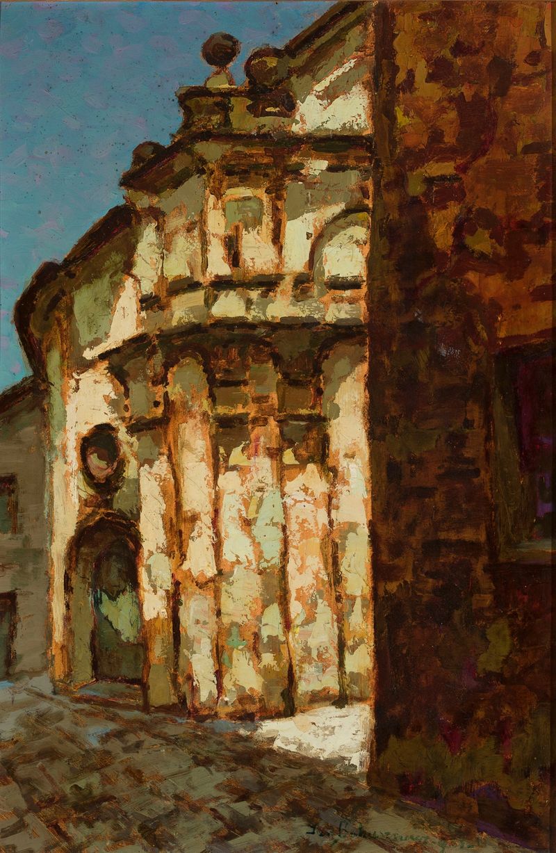 Interior de Casa de Oración en Santa Margherita de Jan Bohuszewicz, con vitrales y luz suave