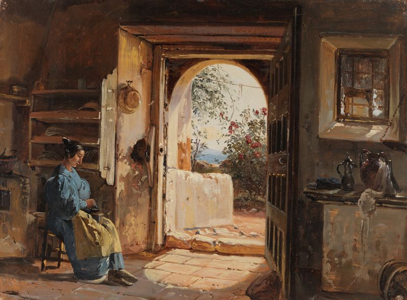 Interior scene with a woman grinding coffee, oil on canvas by Johann Baptist Kirner
