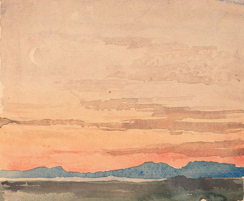 Landscape oil painting by Albert Anker depicting Neuenburger See at dusk.