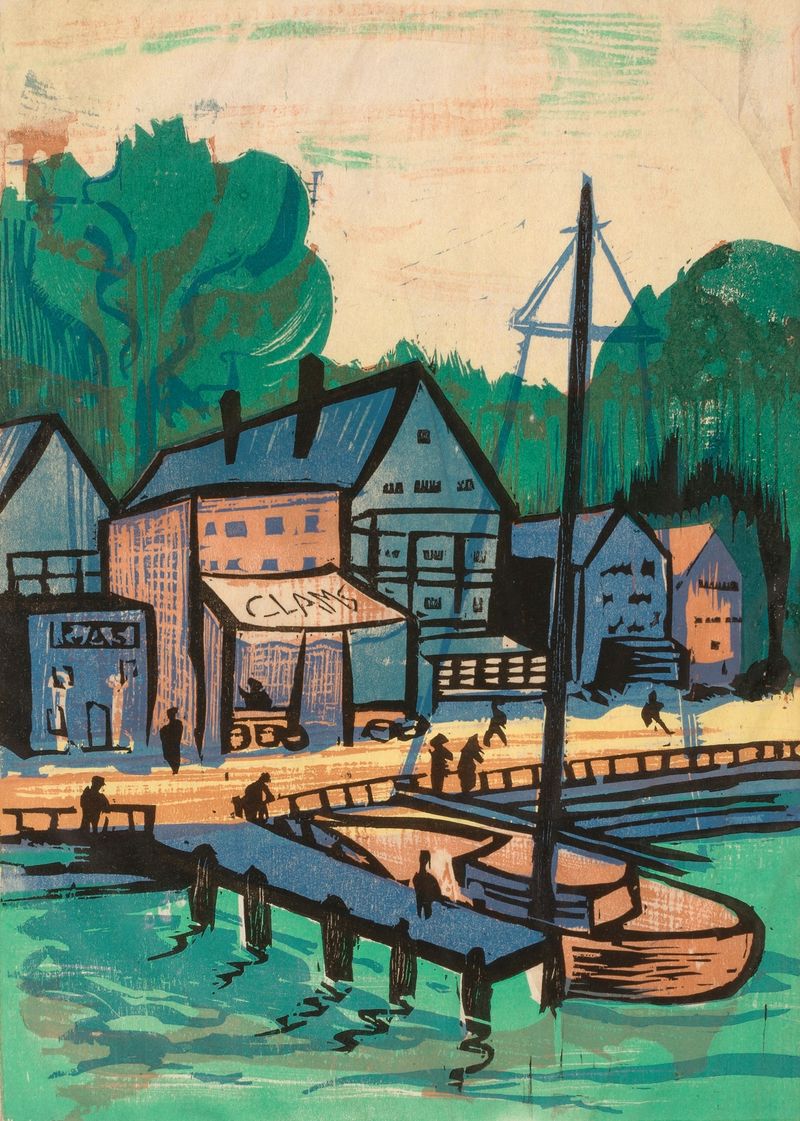Back Bay de David Burke, óleo sobre lienzo, que representa un paisaje tranquilo con reflejos en el agua.