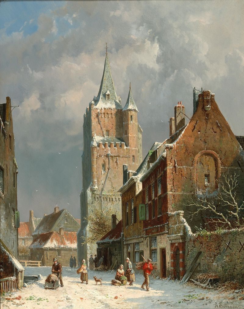 In the Voldersgracht in Delft de Adrianus Eversen, óleo sobre lienzo que muestra un canal con reflejos.