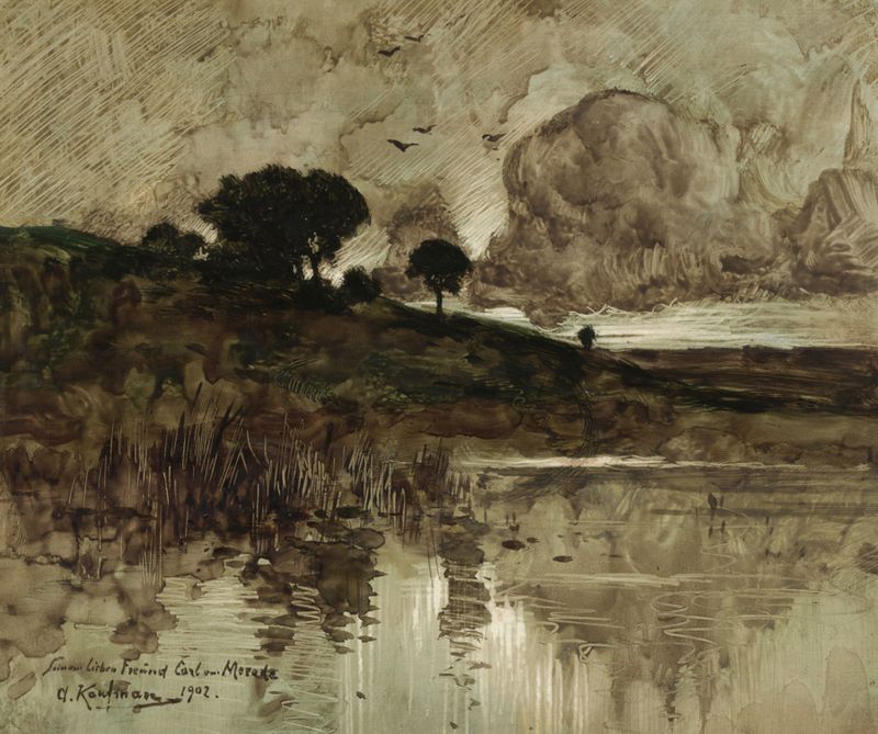 Herbstabend am See by Adolf Kaufmann, oil painting depicting an autumn lake scene with reflections