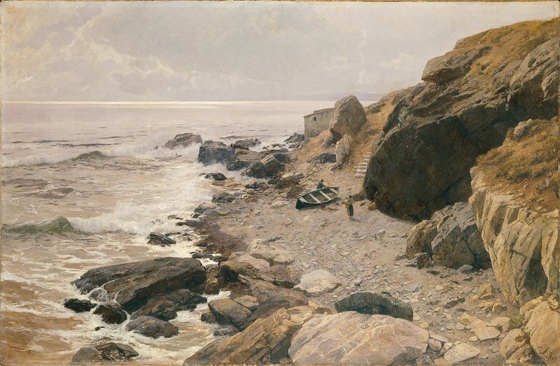 Paisagem costeira com vegetação e luz solar, pintura a óleo de Alfred Zoff