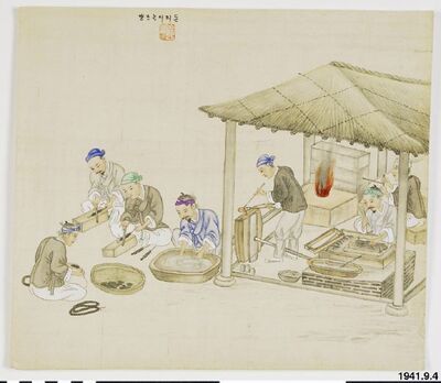 Realism genre scene depicting workers at a forge by Kim Jun-geun
