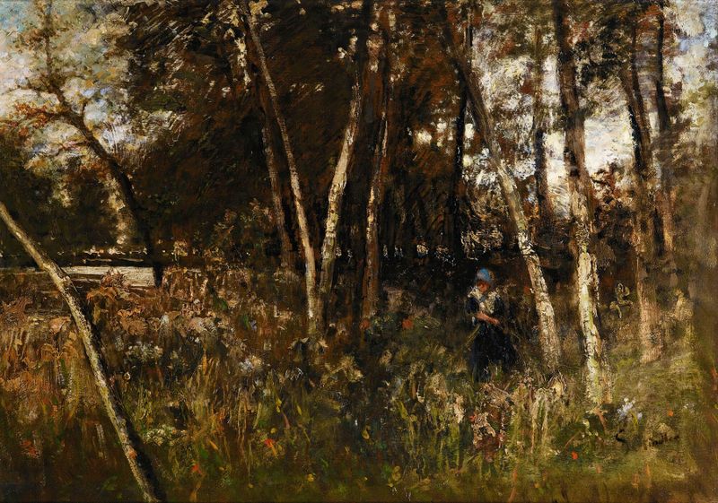 Near The Heustadelwasser, óleo sobre tela de Emil Jakob Schindler mostrando água tranquila e reflexos.