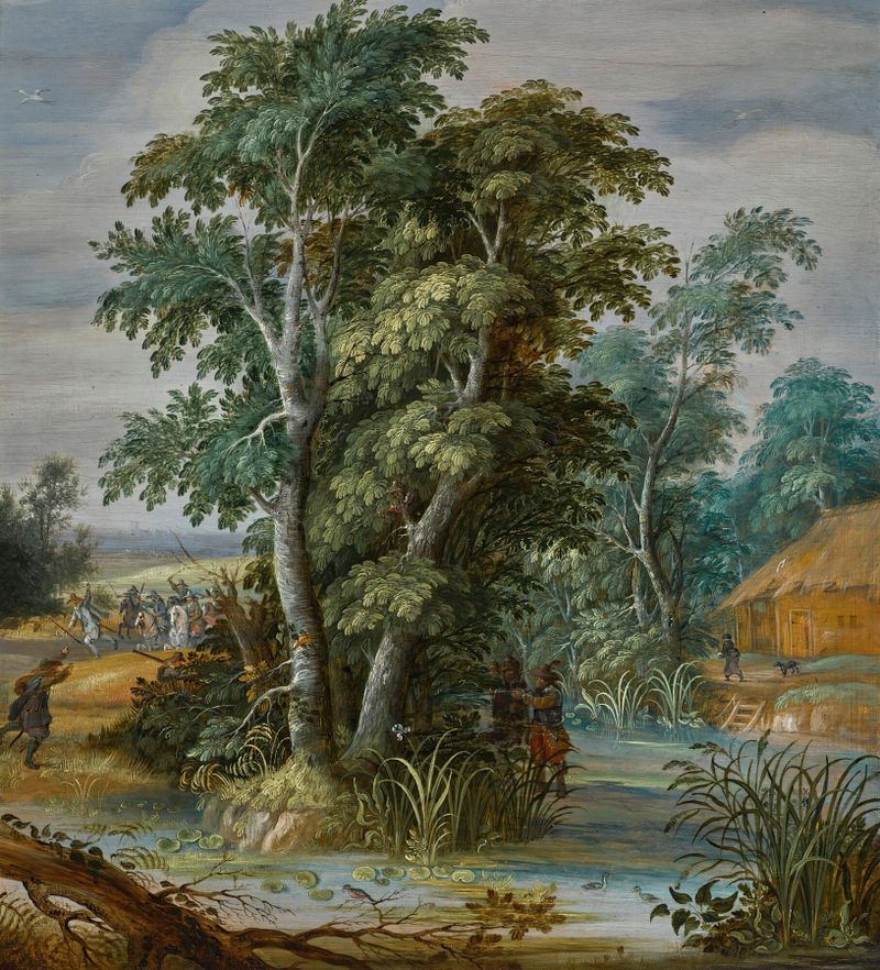 An ambush in a wooded landscape by Alexander Keirincx, oil painting