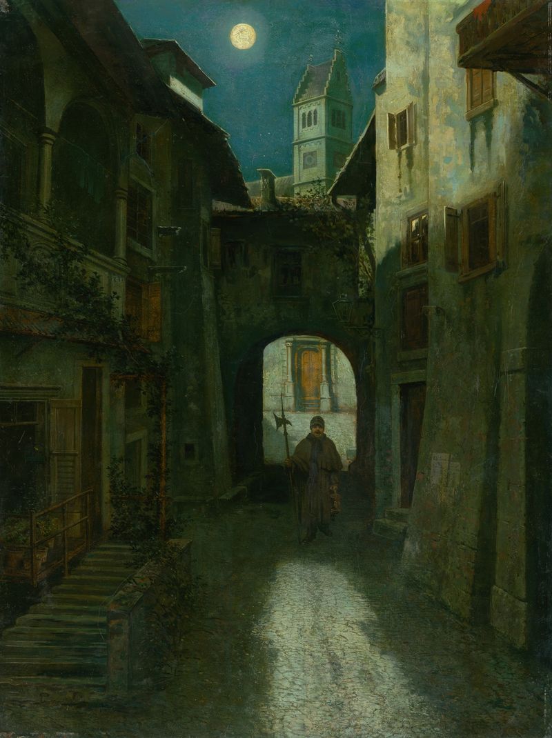 Night Watch in the Old Town by Eduard Majsch, genre scene, depicting lamplight on cobblestone streets