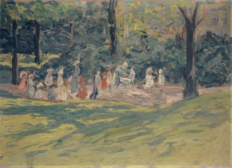 Children playing in a public park, oil on canvas by Ernst Schiess
