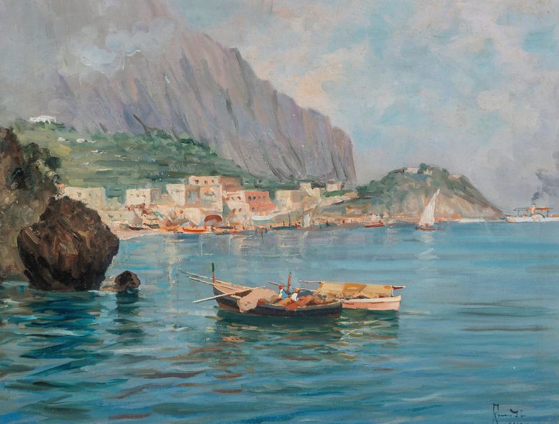 Cena marinha da costa de Capri, pintura a óleo de Oscar Ricciardi