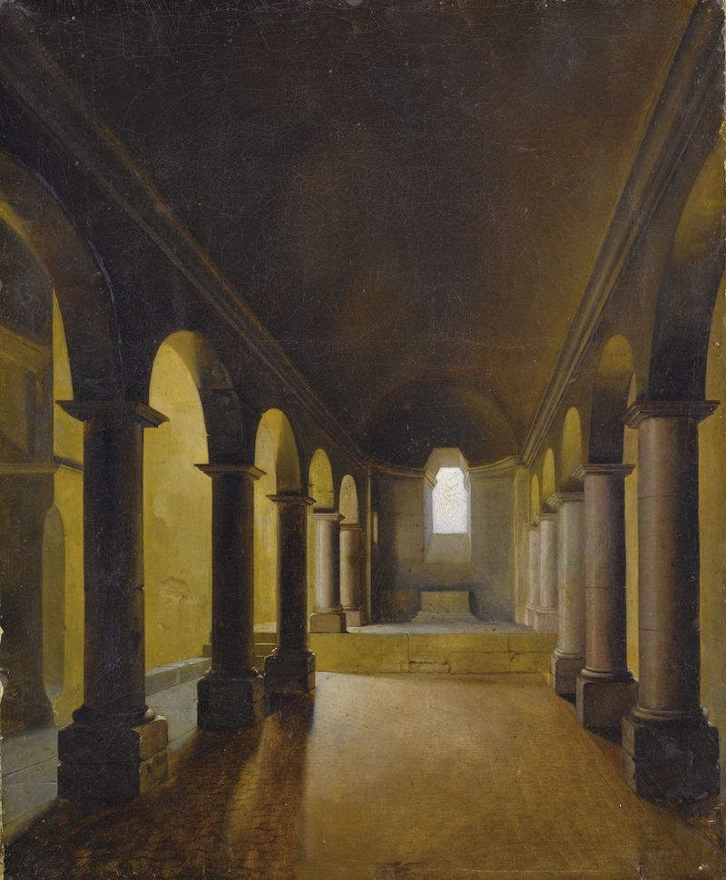Óleo sobre tela de Fleury François Richard retratando uma cripta com arcos intrincados e sombras.