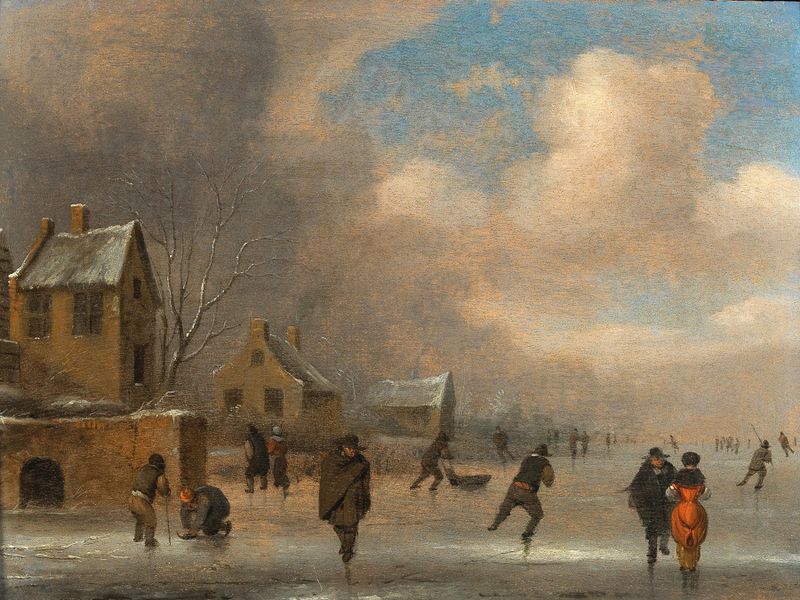A winter landscape with skaters on ice, oil on canvas by Nicolaes Molenaer