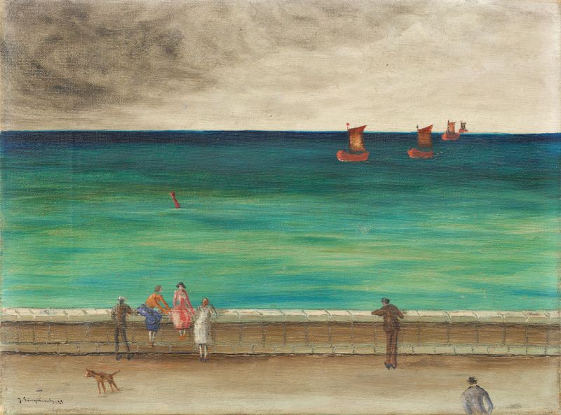 Obra de expresión de Joachim Ringelnatz, que muestra una silueta en el muelle durante el crepúsculo