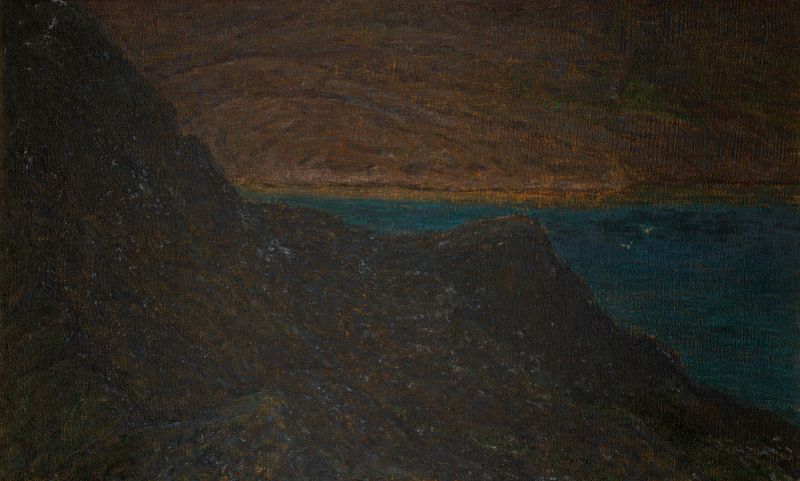 Cena marinha que retrata um mar tranquilo e horizonte de Karl Nordström, pintura a óleo