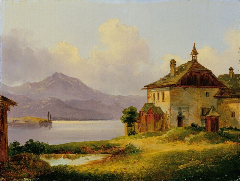 Pintura a óleo de paisagem de Edmund Mahlknecht com um lago tranquilo e suaves reflexos.