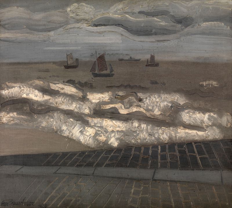 Marine scene with rolling waves at dawn, oil on canvas by Jean Brusselmans