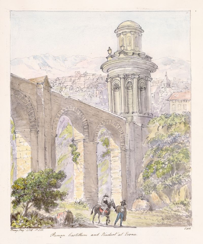 Roman Castellum e Viaduto em Évora, pintura a óleo de Charles Hamilton Smith