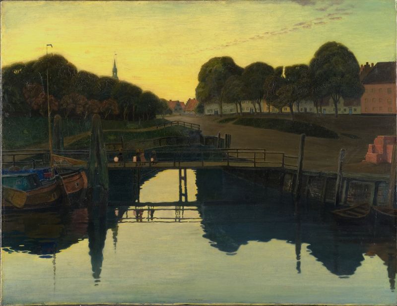 Summer night at Tönning by Johan Rohde, oil painting of a serene twilight landscape.