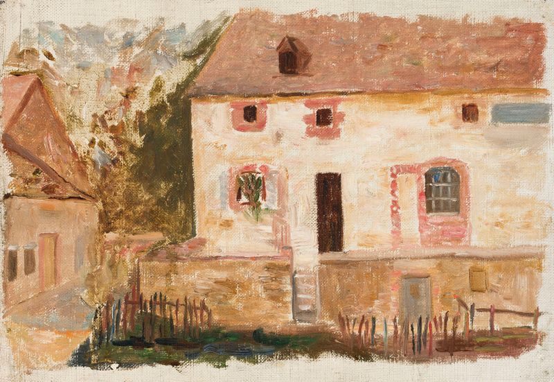 Dom ze sztachetami, óleo sobre lienzo de Tadeusz Makowski, que representa una casa de madera bajo la luz de la tarde.