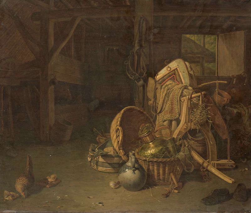 Still Life in a Stable, óleo sobre panel de François Cornelis Knoll, con frutas y objetos metálicos en luz suave.