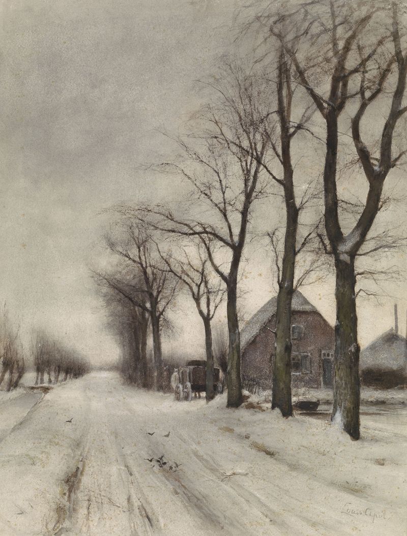 Winter landscape with a farmhouse and snow, oil on canvas by Louis Apol