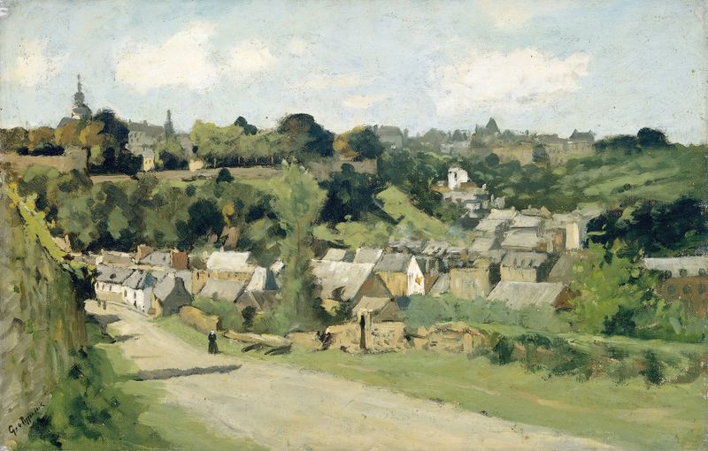View of Dinant by Geo Poggenbeek, oil painting depicting a tranquil river and village.