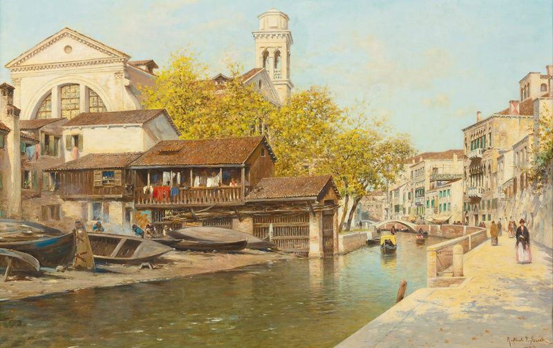 Rio San Trovaso, Venice by Rafael Senet y Perez, oil on canvas, depicting a tranquil canal with reflections.