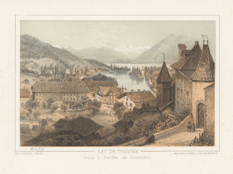 Lac de Thoune depuis le Pavillon du Cimetière de Jean Jacottet, pintura al óleo que muestra un lago tranquilo y un pabellón.